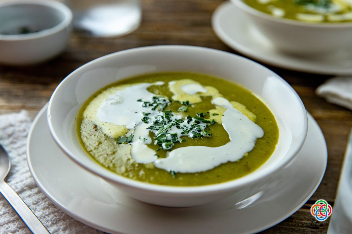 Bowl of Irish Parsley Soup | Irish American Mom Bowl of green soup with cream garnish