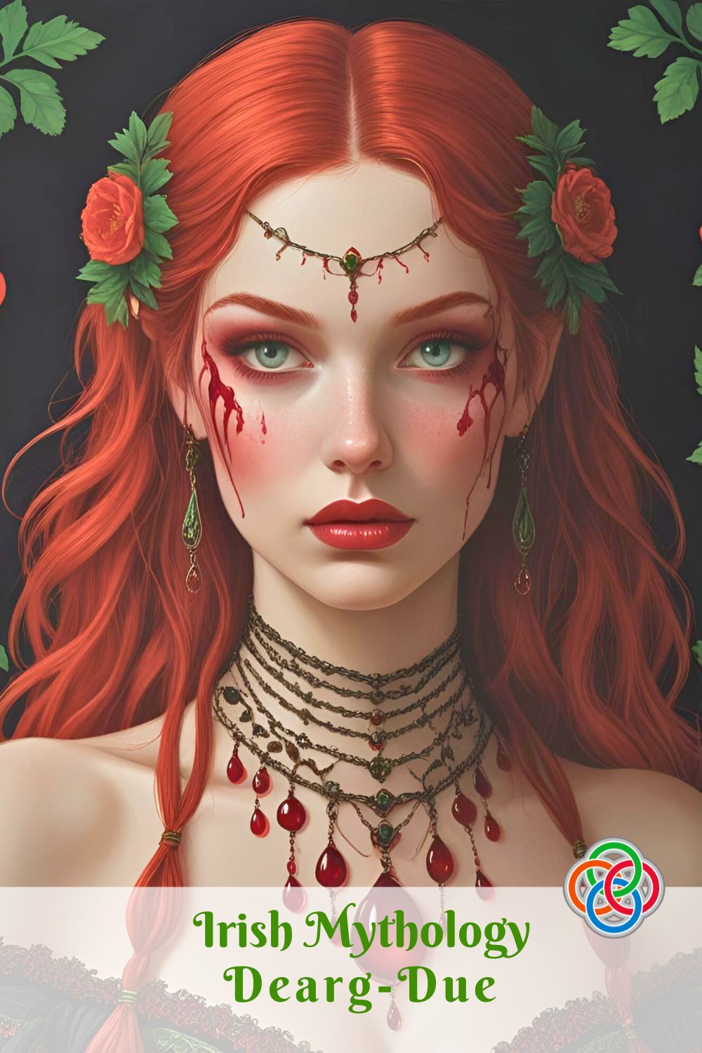 Irish Mythology Dearg-Due Irelands Bloodthirsty Beauty | Irish American Mom Illustration of the Dearg Due, the legendary Irish blood-drinking spirit, depicted as a hauntingly beautiful woman with pale skin and flowing red hair.