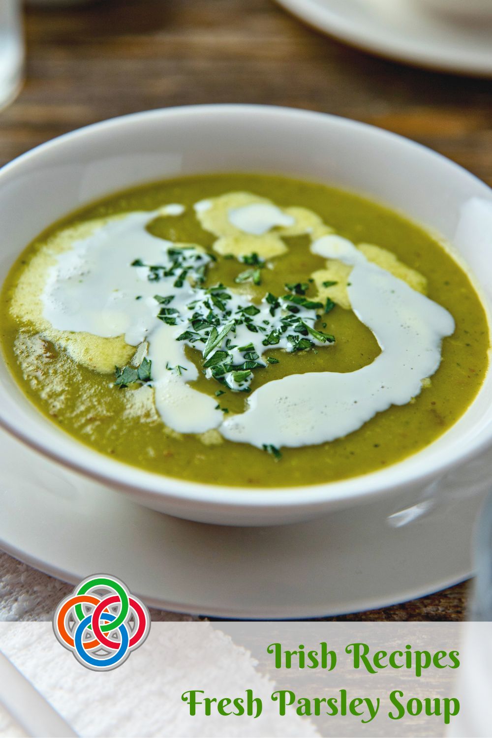 Irish Recipes Fresh Parsley Soup | Irish American Mom Bowl of green soup with text banner