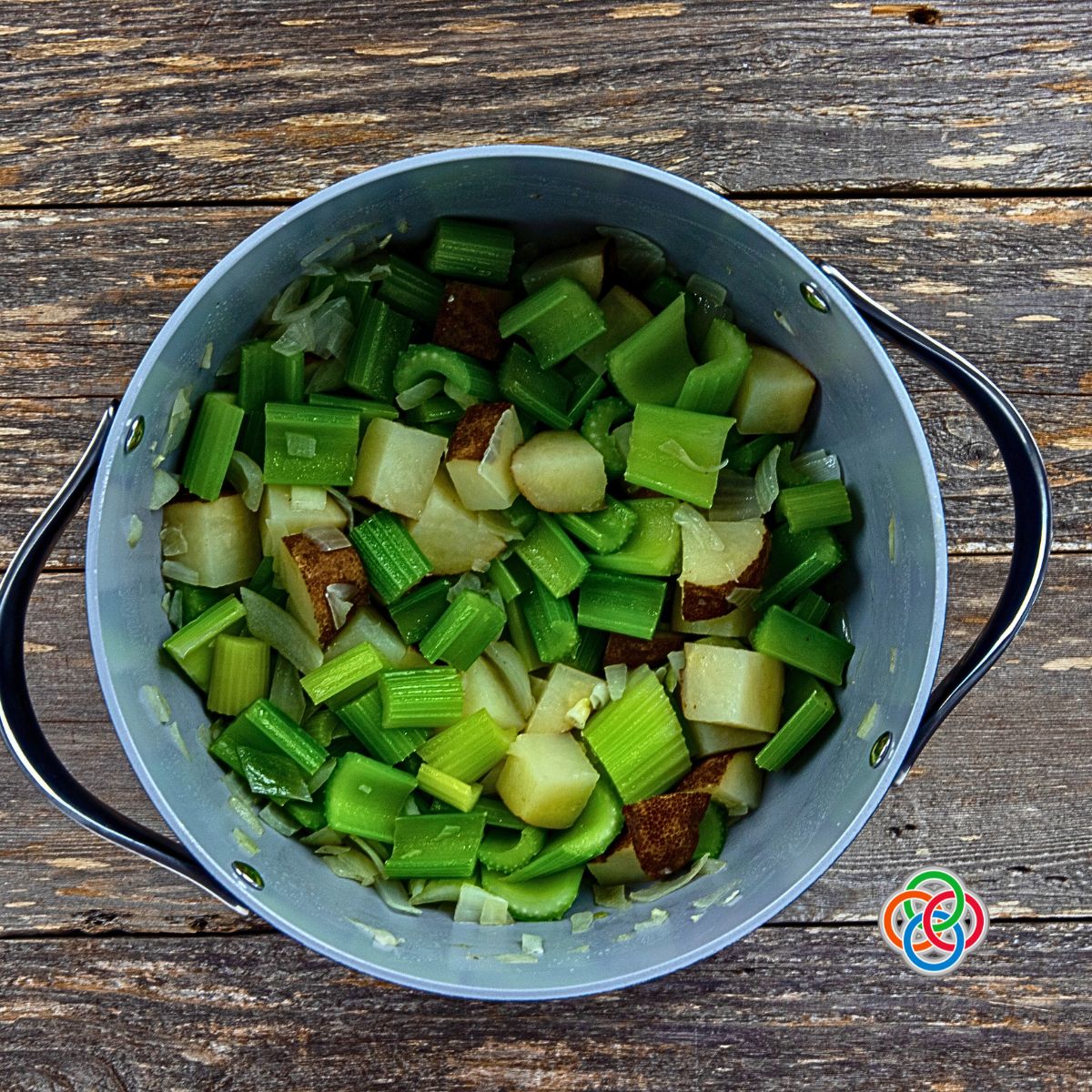 Sweating vegetables for Irish Parsley Soup | Irish American Mom Chopped vegetables in a pot
