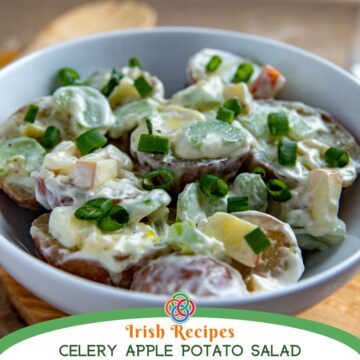 Bowl of creamy chopped potato salad and text banner