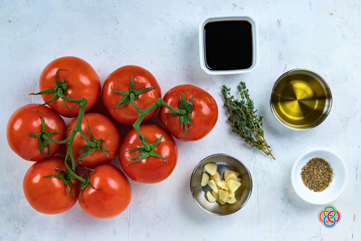 Tomatoes with bowls of other ingredients