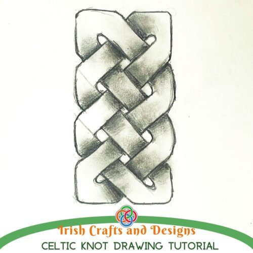 Shaded pencil drawing of an interwoven Celtic knot pattern on white paper with text reading 