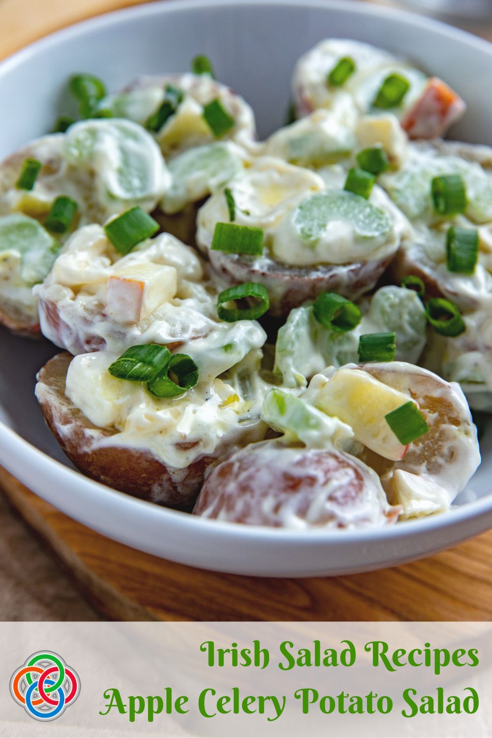Irish Salad Recipes Apple Celery Potato Salad | Irish American Mom Potato salad with chives and text banner
