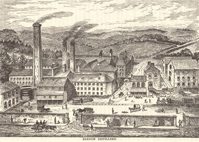 Sketch of a vintage whiskey distillery