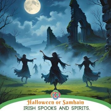 Featured image showing ghostly Celtic figures emerging from misty Irish hills under a pale moon,