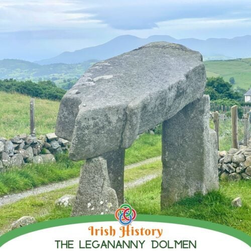 Stone dolmen in a field with text banner