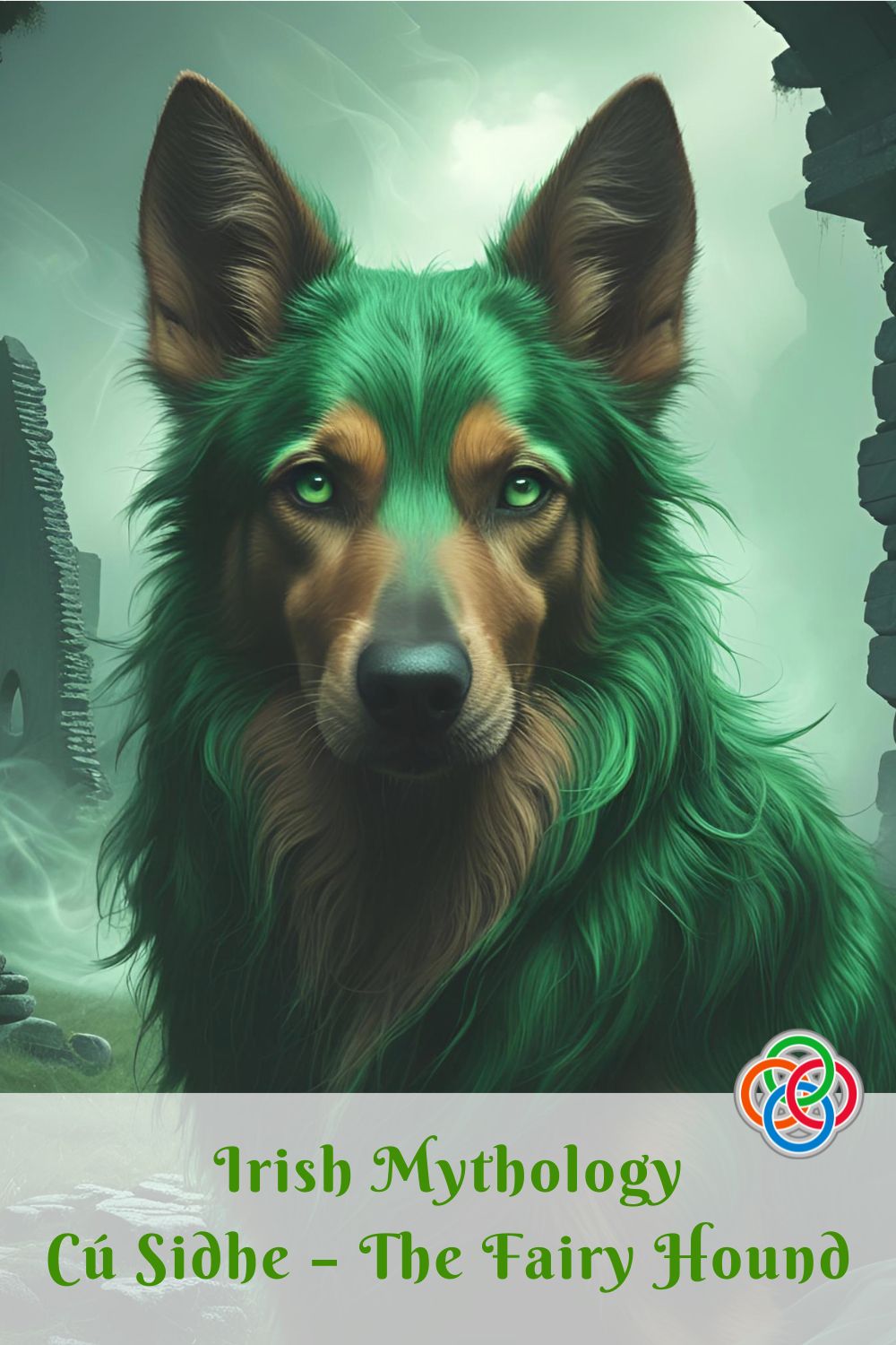 Irish Mythology Cú Sidhe The Fairy Hound | Irish American Mom Illustration of the Cú Sidhe, a large, shaggy green hound with glowing eyes.