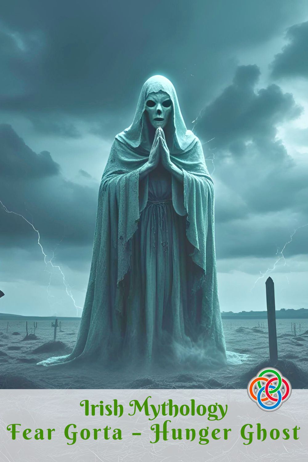 Irish Mythology Fear Gorta The Hunger Ghost | Irish American Mom Illustration of An Fear Gorta, the gaunt Hunger Ghost of Irish folklore, depicted as a skeletal, weary man in ragged clothes walking a barren Irish road under a grey, stormy sky.