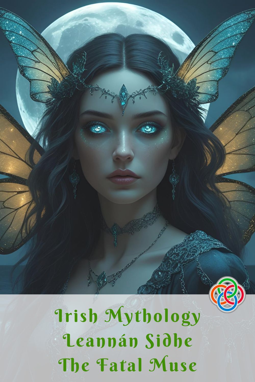 Irish Mythology Leannán Sidhe The Fatal Muse | Irish American Mom Ethereal depiction of the Leannán Sidhe, a hauntingly beautiful fairy woman with flowing black hair and shimmering eyes.