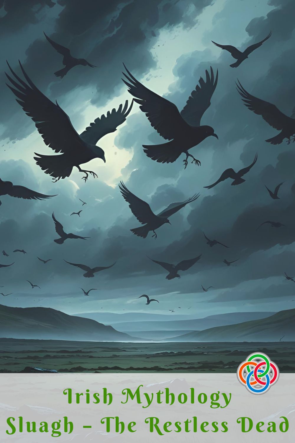 Irish Mythology Sluagh The Restless Dead | Irish American Mom Dark, moody artwork of the Sluagh, depicted as a swirling flock of shadowy black birds, flying under a full moon above a windswept Irish landscape.
