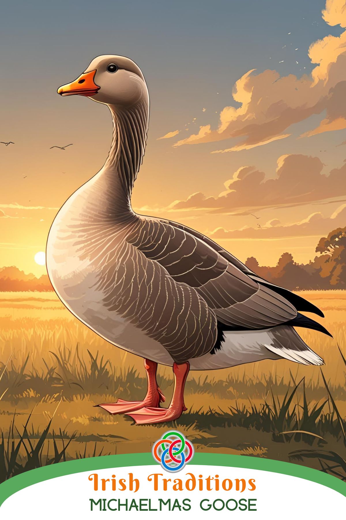 A plump grey goose stands in a field with soft autumn light.