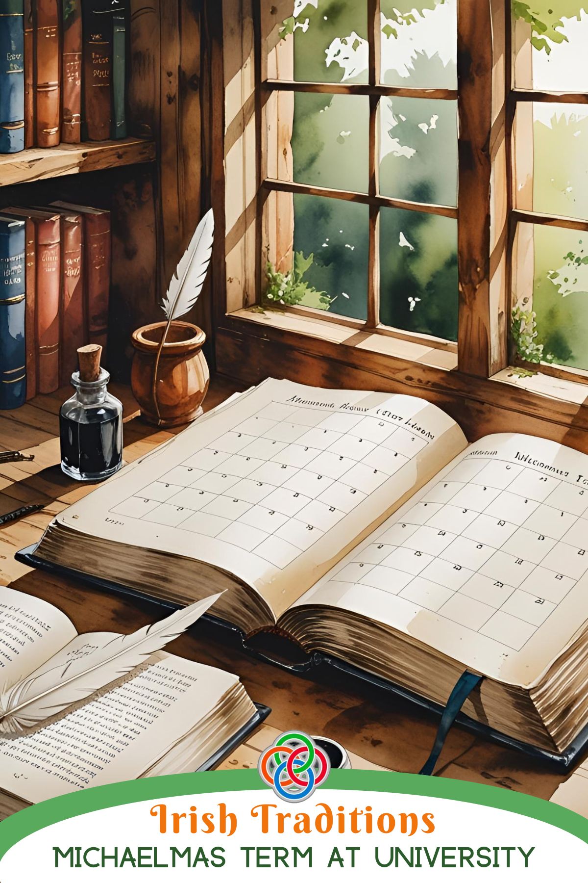 Clean academic calendar page labeled “Michaelmas Term,”  on a vintage desk with a quill