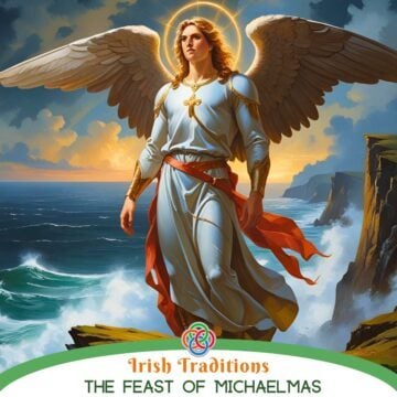 St. Michael stands on a windswept Irish beach, cape and wings lifted by sea breeze, sunlight breaking through clouds over deep green water