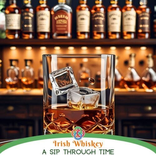 glass of whiskey in front of whiskey bottles plus a text banner