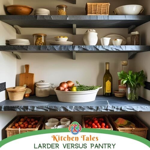 Kitchen shelves with text banner