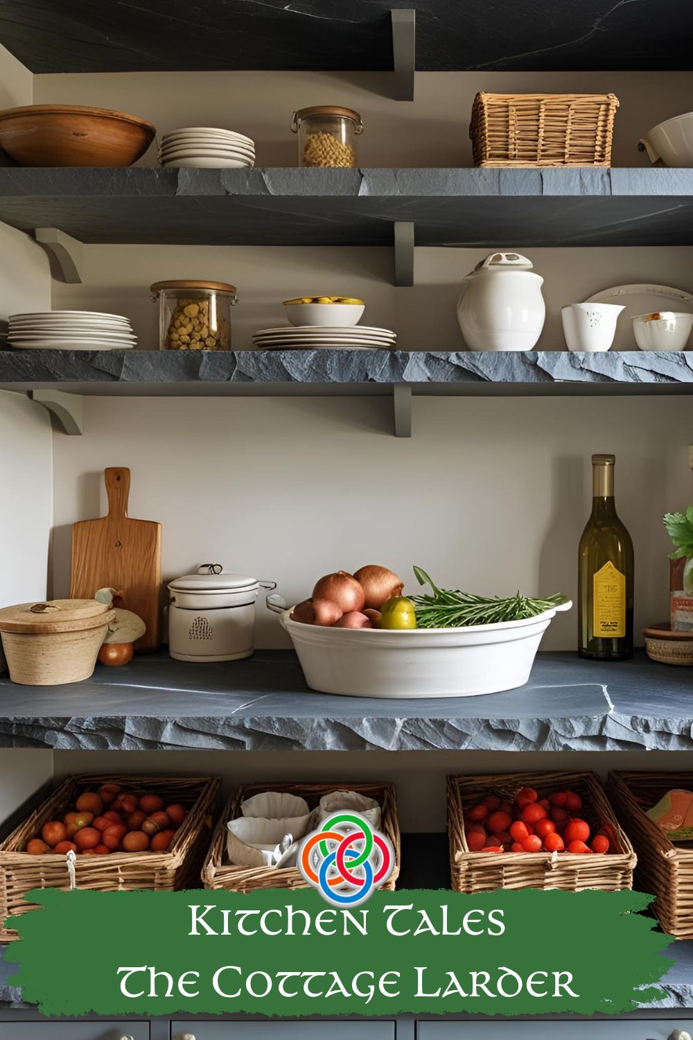 Larder shelves in a kitchen with text banner