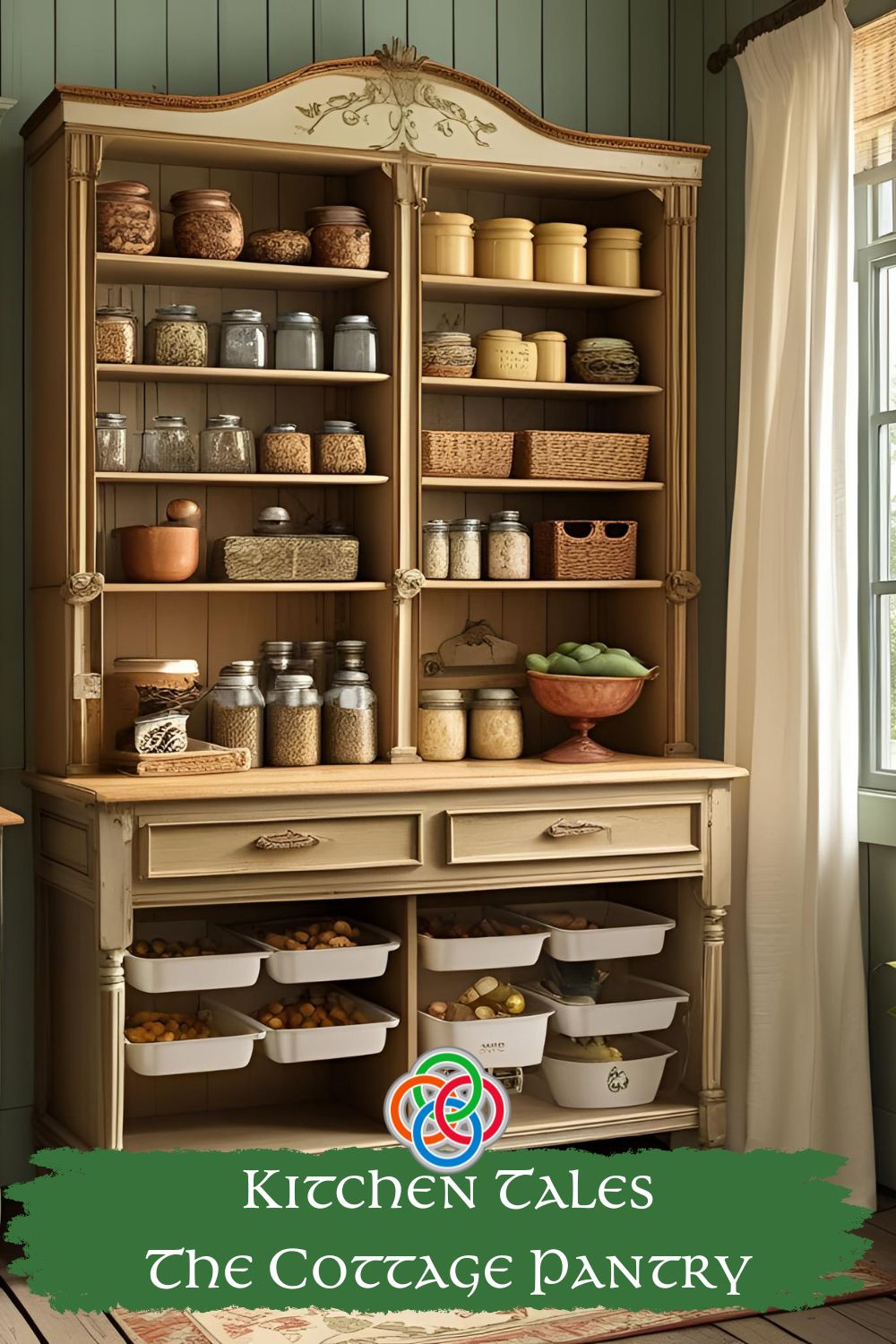 Kitchen pantry with text banner