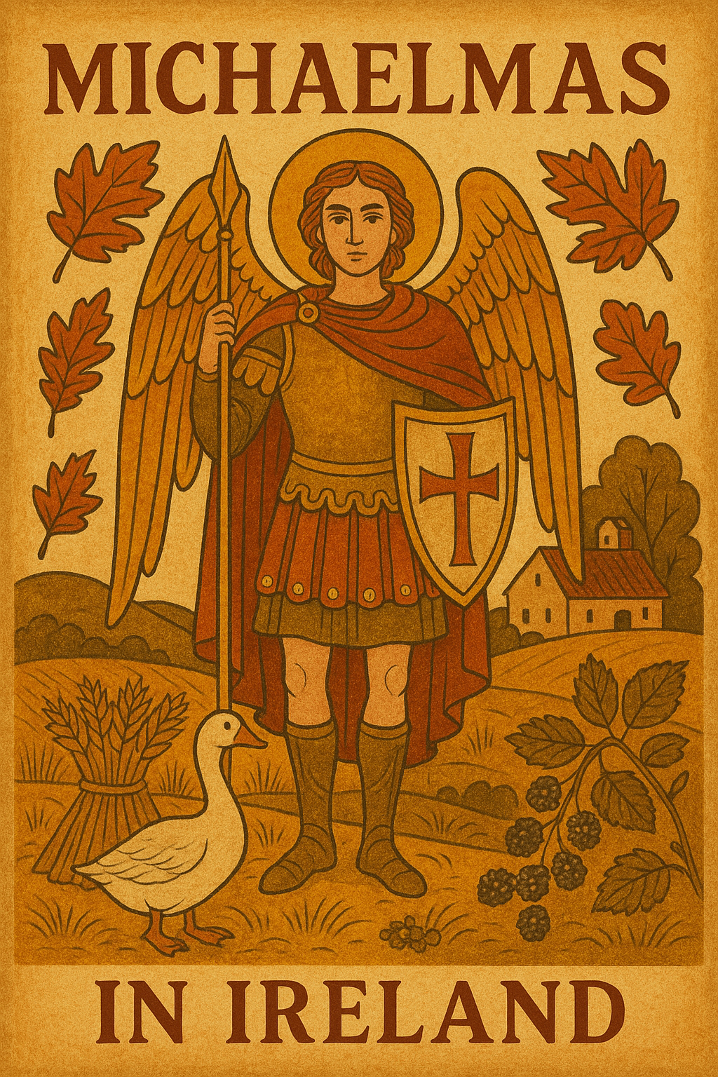 Michaelmas-themed graphic with warm autumn colors and seasonal motifs like leaves, stars, and wheat.