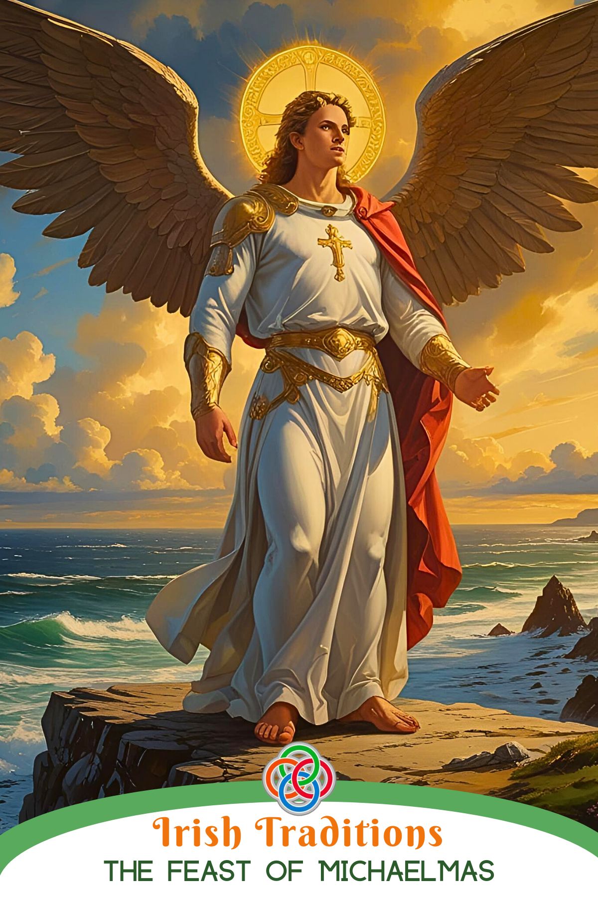Archangel Michael in shining armor stands on a rocky Irish shoreline, sword lowered, waves foaming around sea-sprayed cliffs at golden hour.