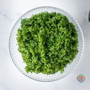 Shredded rice like broccoli pieces in a bowl