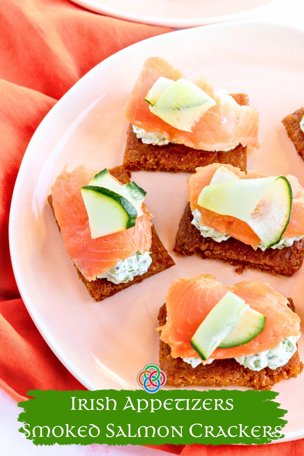 Smoked salmon cracker appetizers with a text banner