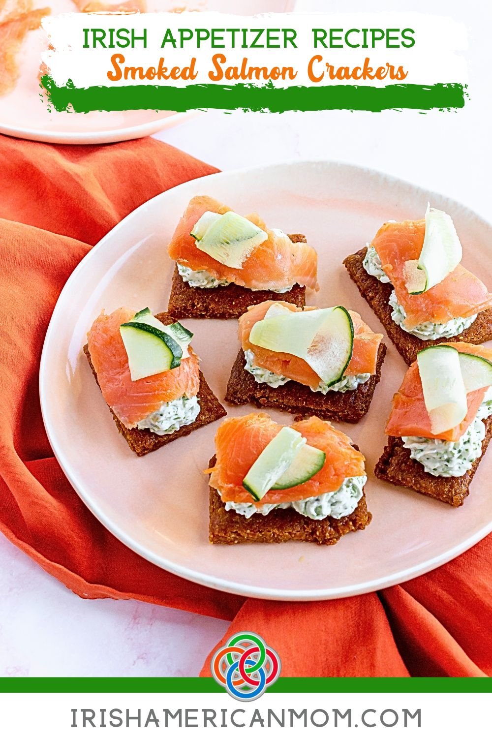 Smoked salmon and cream cheese spread on crackers with text banner