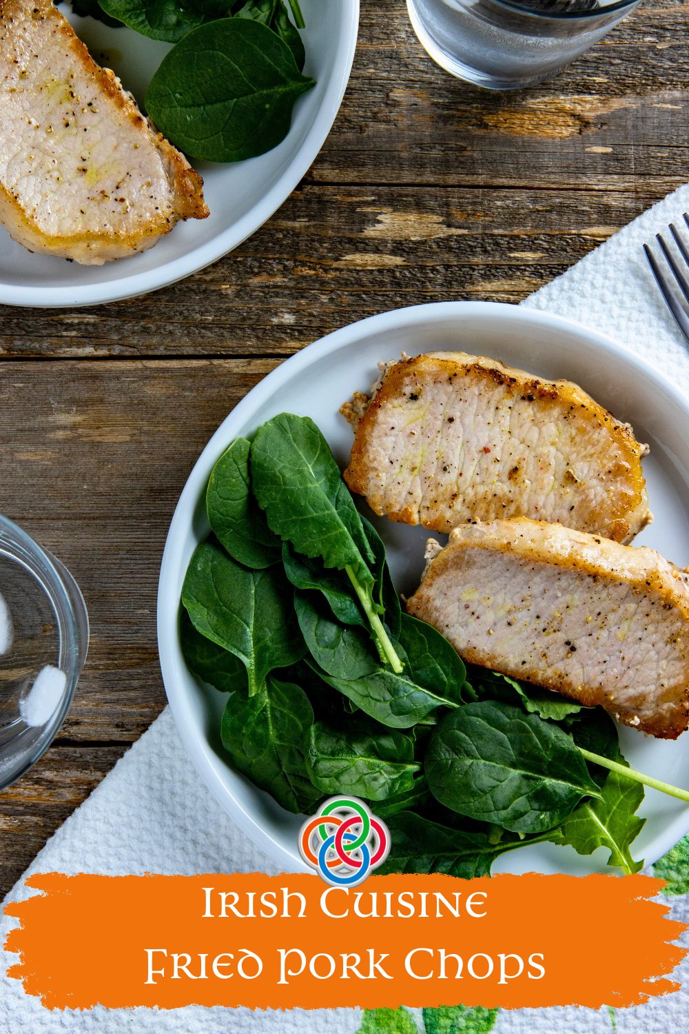 Irish Cuisine Fried Pork Chops | Irish American Mom Pork chops and spinach on a plate with a text banner