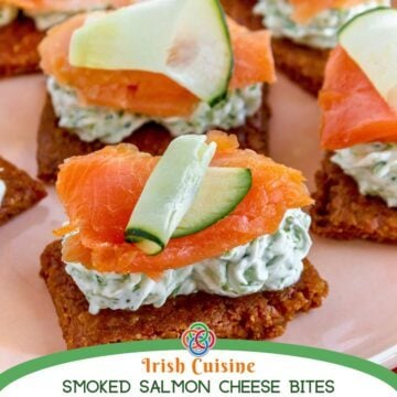 Cracker with cream cheese spread, smoked salmon and zucchini garnish plus text banner