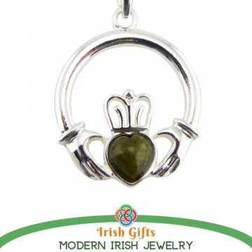 Silver Claddagh pendant with green marble heart plus a text banner