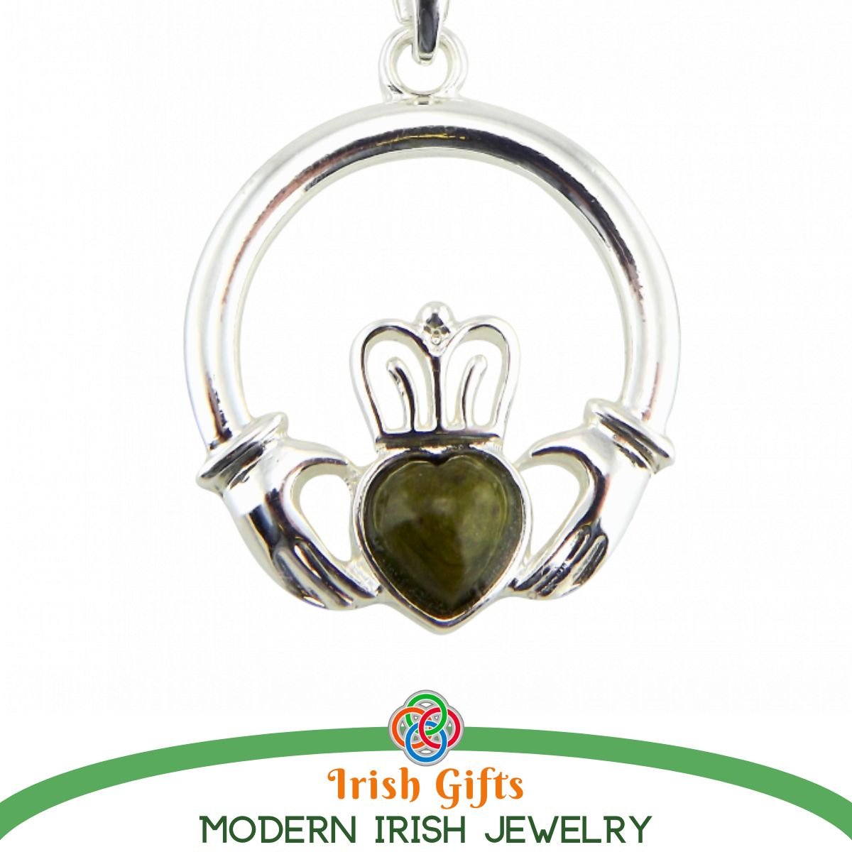Silver Claddagh pendant with green marble heart plus a text banner