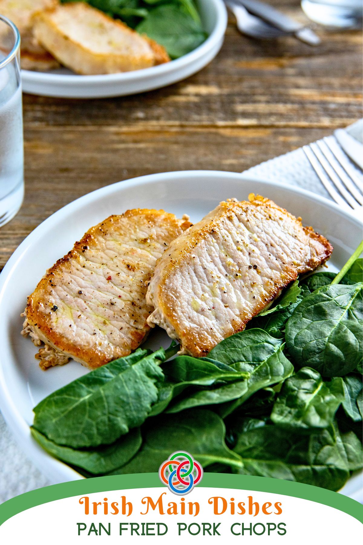 Irish Main Dishes Pan Fried Pork Chops | Irish American Mom Seared pork chops with spinach on a platter plus a text banner