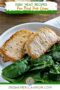 cooked pork chops and spinach on a plate with text banners