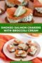 Two-panel collage: left panel shows assembled smoked salmon crackers with broccoli cream on a rustic board; right panel features a close-up of the creamy topping with Celtic-inspired styling in ivory, forest green, and warm amber tones.