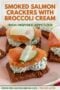 Single-image Celtic-styled poster of smoked salmon crackers topped with broccoli cream, designed with amber colored text overlay.