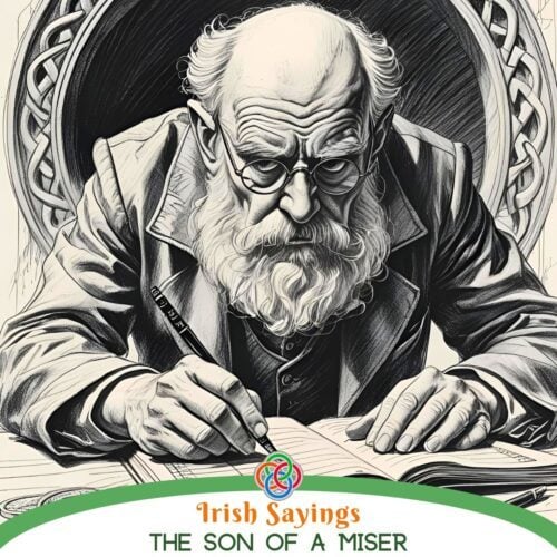 Bald old man writing with a pen plus a text banner