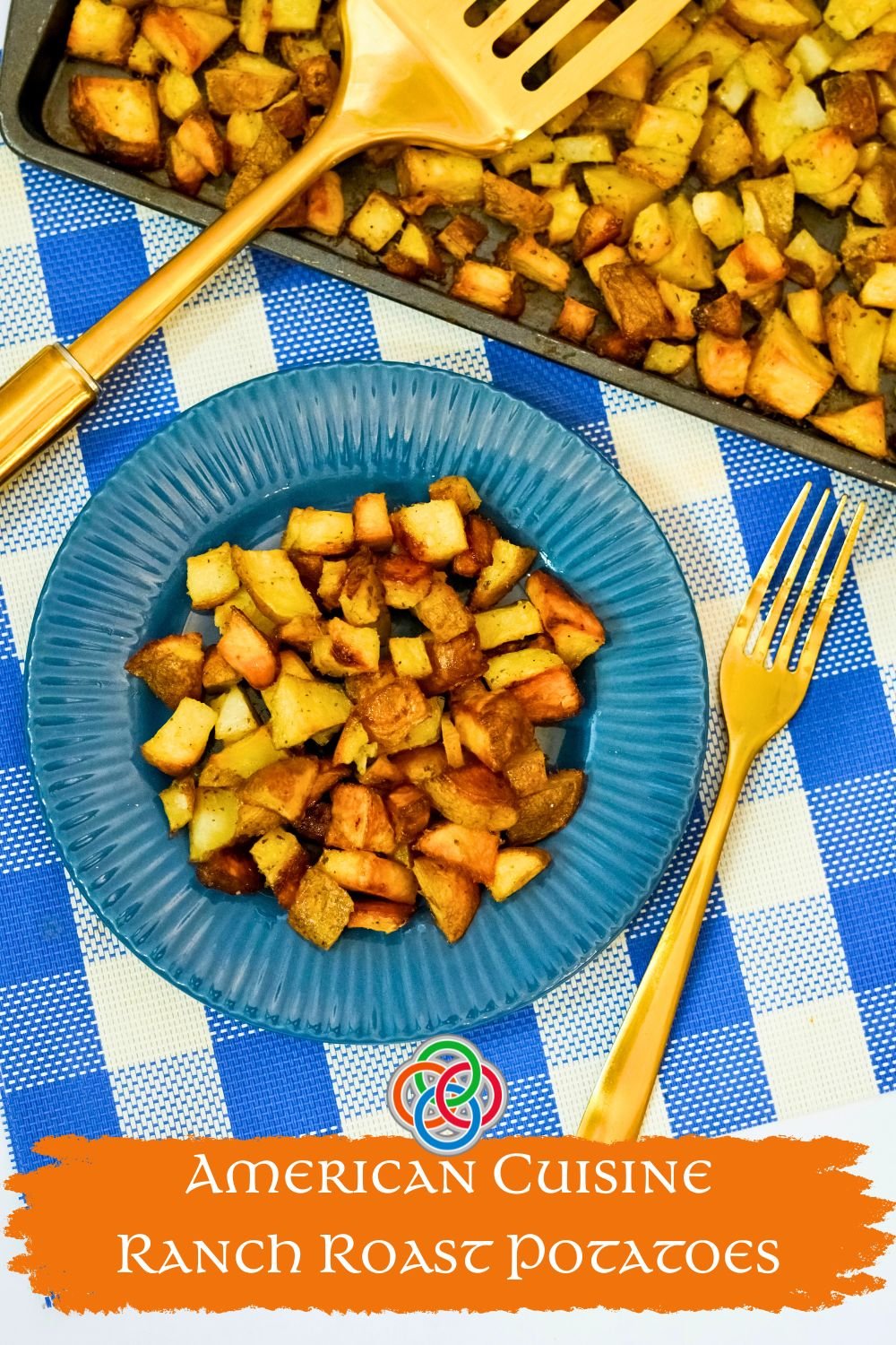 Roast potatoes on a plate with text banner