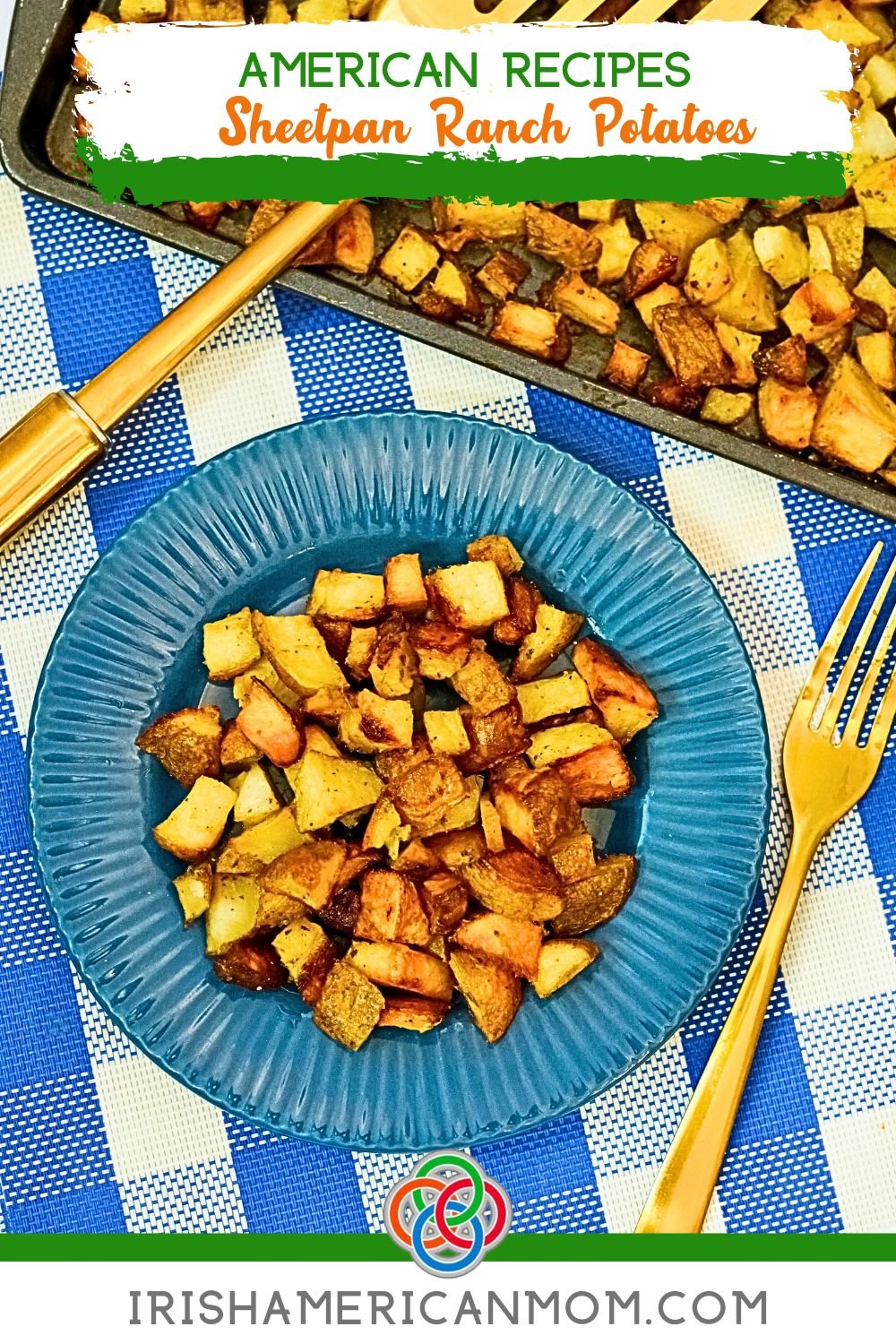 Plate of roasted diced potatoes with text banners