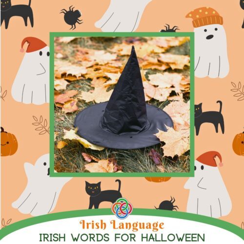 Irish Words for Halloween | Irish American Mom Witch's hat superimposed on a ghost pattern with a text banner