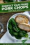 Single-image poster with Celtic styling: crispy golden pan-fried pork chops on a rustic skillet, recipe title in white typography on a green background with amber accents.