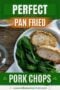 Single-image poster with Celtic styling: crispy golden pan-fried pork chops on a rustic skillet, recipe title in white typography with green and amber accents.