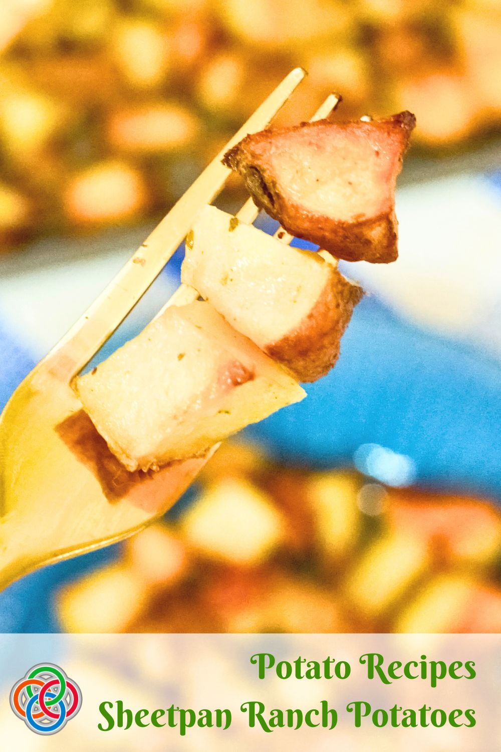 Roasted potato pieces on a fork with text banner