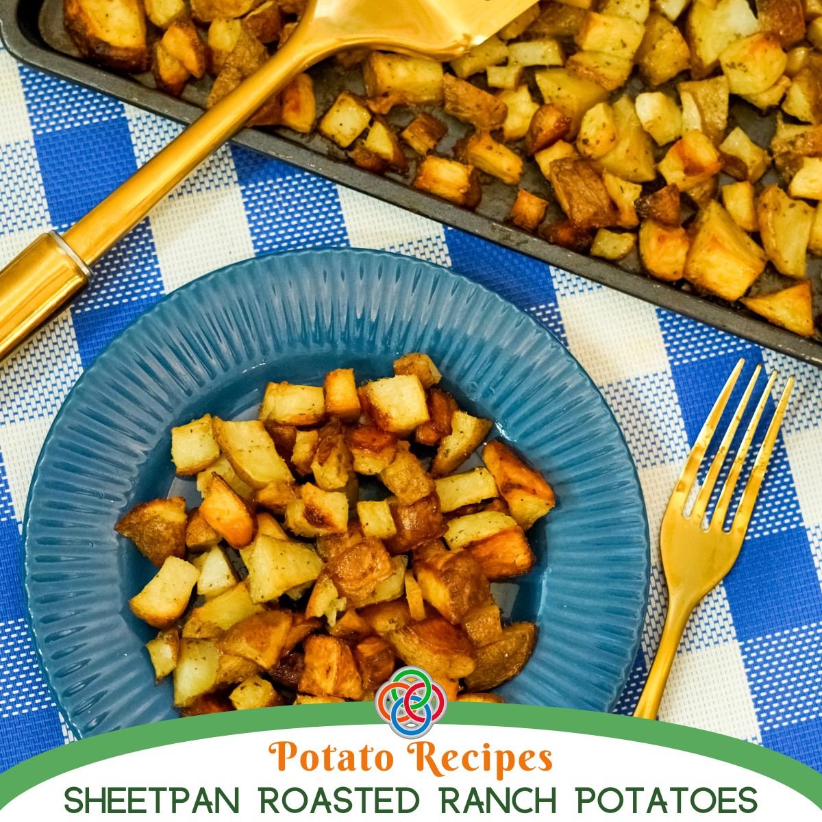 Roasted potatoes on a plate with a text banner