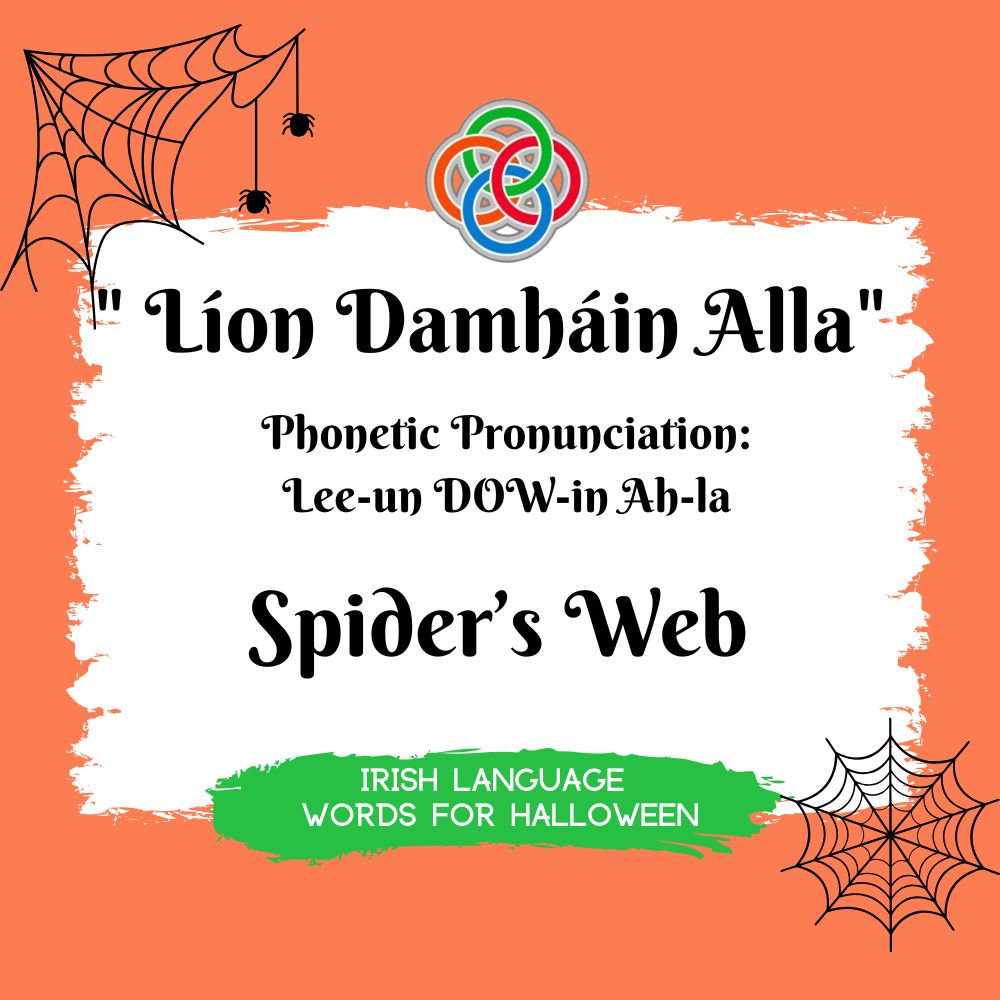 Spiders Web Irish Language Words for Halloween | Irish American Mom Text graphic with spider web elements