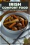Bowl of Irish beef stew with tender chunks of beef, carrots, and root vegetables in a rich broth, with text overlay reading “Irish Comfort Food Hearty and Delicious Recipe.”