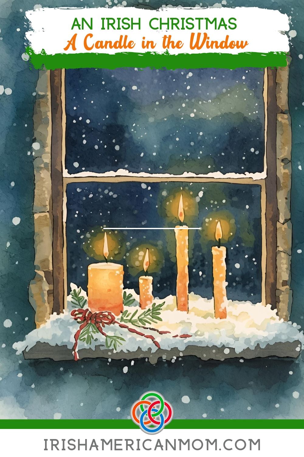 Candles lit in a cottage window with text banners.