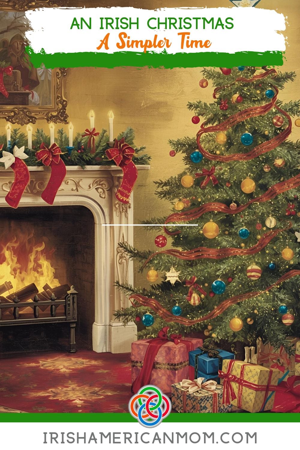 Christmas tree beside an open fire with text banners