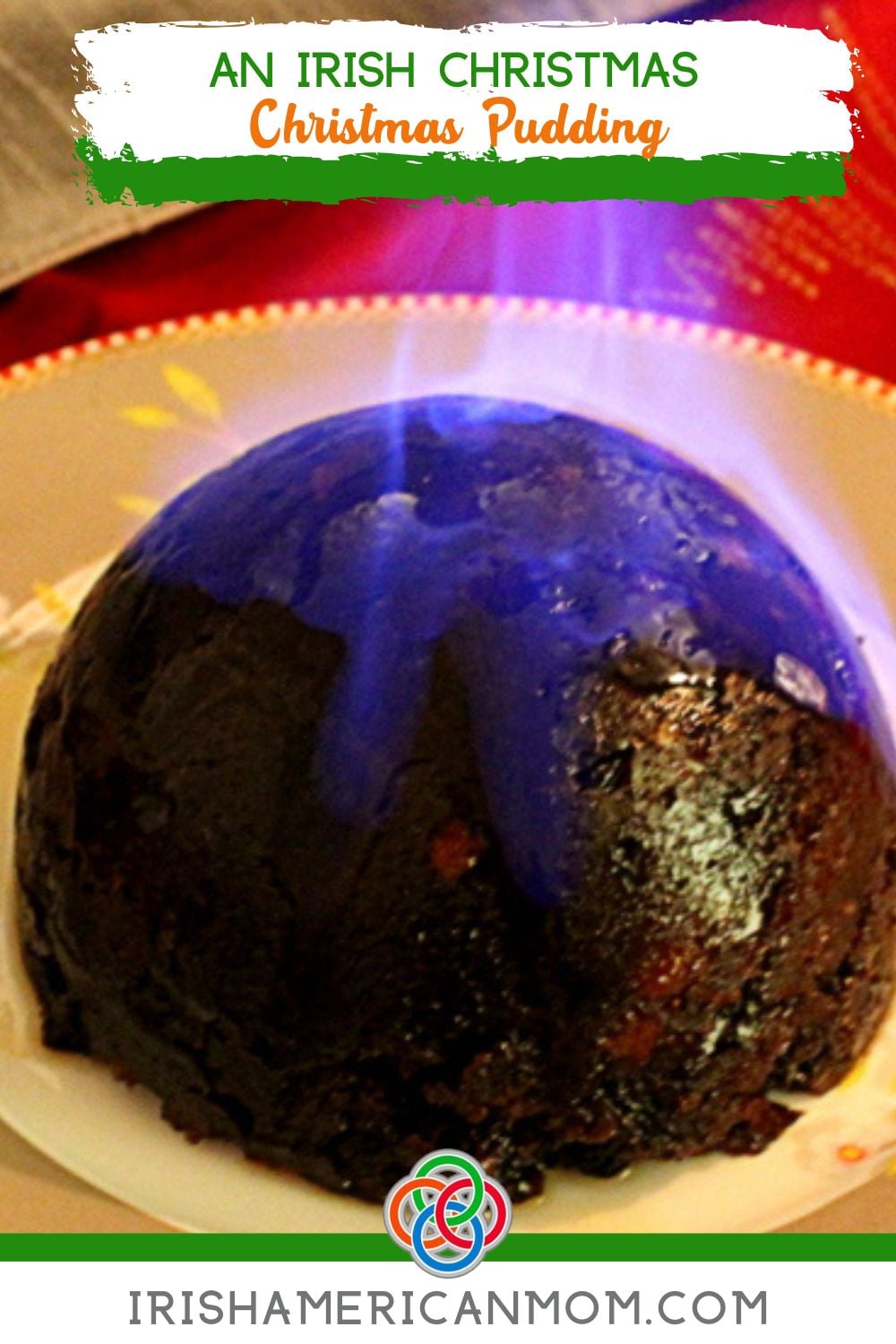 Flaming Christmas pudding with text banners