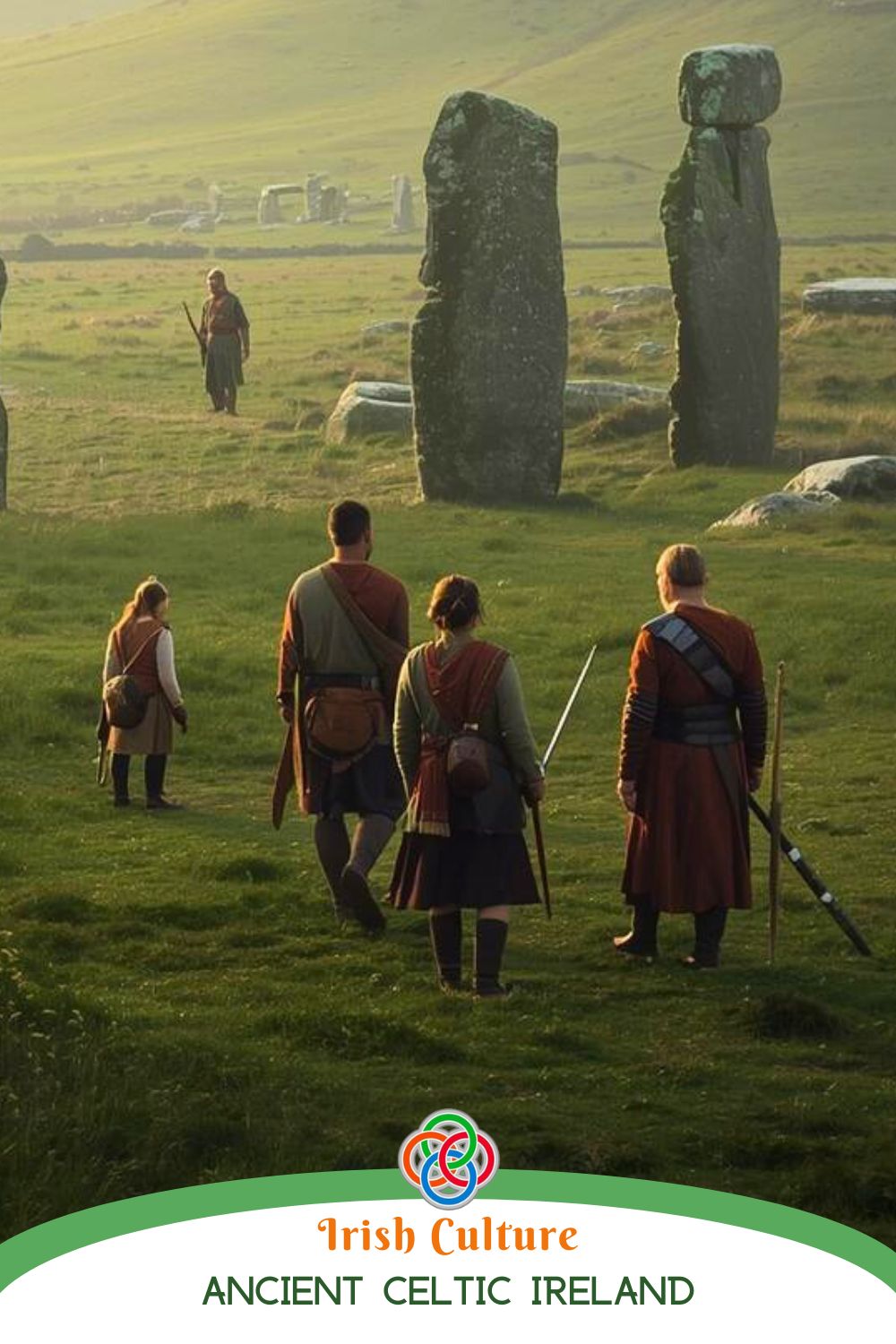 Ancient Celtic Ireland | Irish American Mom Illustration of ancient Celtic people walking through a grassy Irish landscape toward standing stones, symbolizing tribal life, sacred places, and early Celtic culture in Ireland.