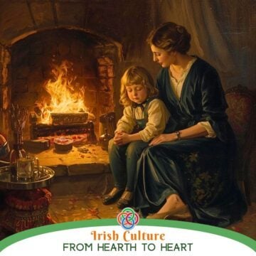 Mothr and child seated beside an open fire with text banner